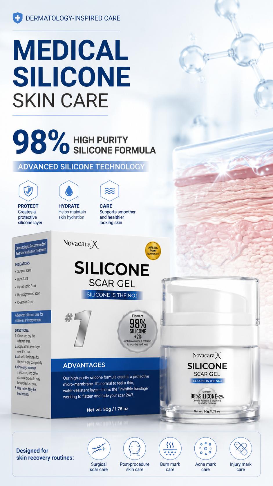 NOVACARA X 98% Silicone Scar Gel, Medical-Grade Treatment to Smooth Scars from C-Section, Surgery & Acne, Transparent Moisturizer for Sensitive Skin, Scar Removal Gel