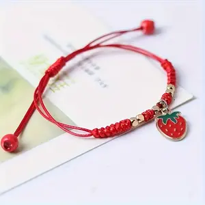 1pc Red Rope Bracelet With Strawberry/Cherry Charm, Braided Bracelet For Bestie, Student, New Year's Gift