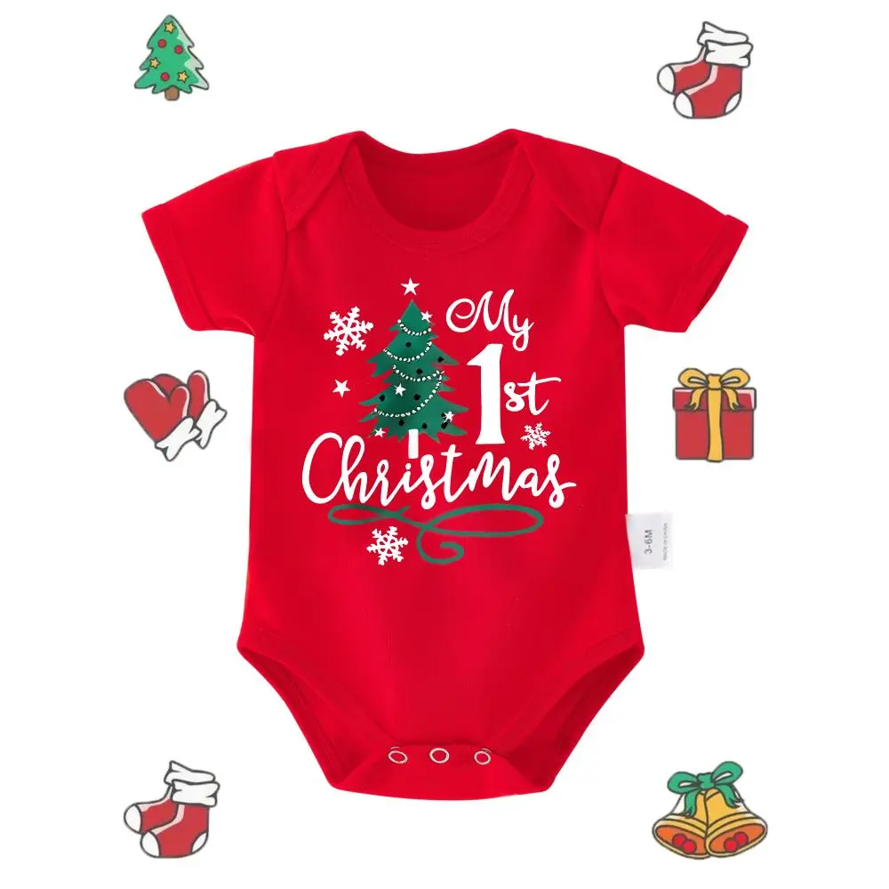 Christmas Cute Baby Bodysuit With My First Christmas Tree Snowflake Print Soft Versatile Round Neck Button Detail Regular Fit All Seasons Knitted Fabric Onesie For 0-12 Months