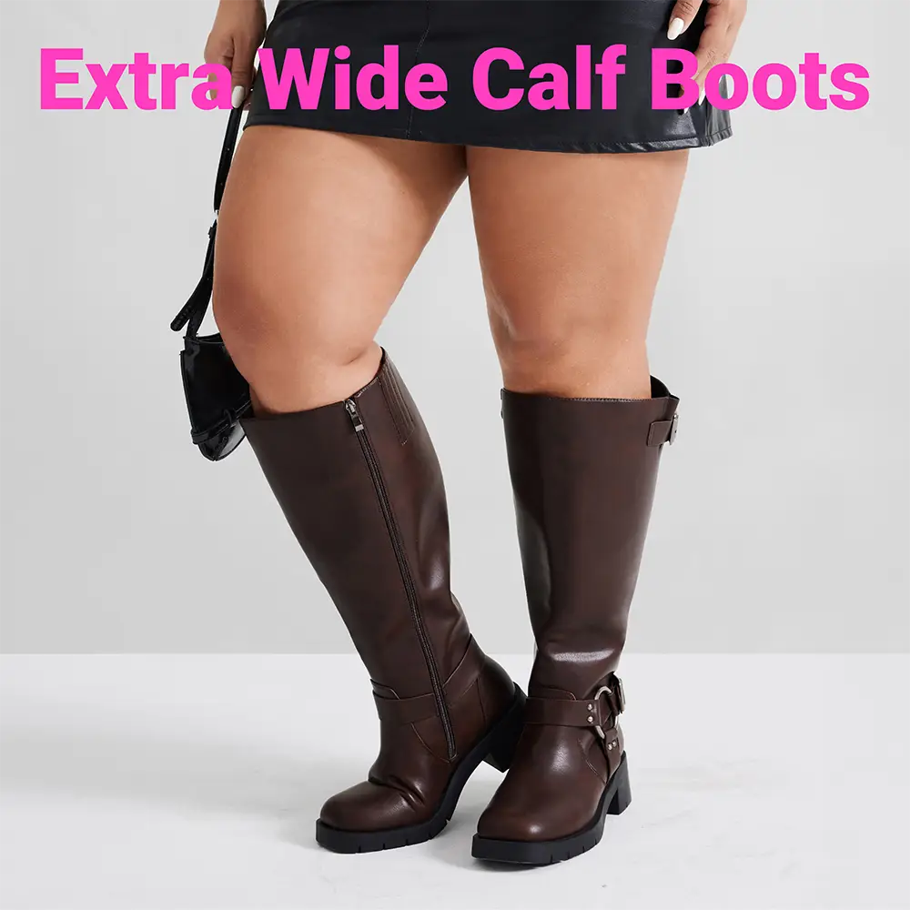 Extra Wide Calf Boots for Women - Knee High Square Toe Wide Width Platform Plus Size Tall Boots with Side Zip, Elastic bands Buckle Chunky Heel Wide L
