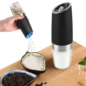 2Pack New Deal - Gravity Electric Pepper and Salt Grinder Set, Adjustable Coarseness, Battery Powered with LED Light, One Hand Automatic Operation, Stainless Steel Black