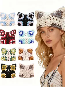 Cute Cat's Ears Knitted Hat, Hand Knitted Hollow Design, Warm Ear Protection Beanie Fitted, Perfect for Autumn & Winter, Patchwork Hat