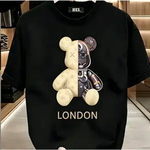Stylish T-shirt with teddy bear print printed on it,suitable for both men and women. The men's round neck has a street style for summer and spring, with a round neck and short sleeves for casual wear