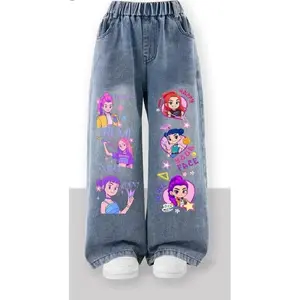 Halloween Witch Squad Print Jeans Y2K Style Girls' Fashion Ages 10-12 Casual Denim Fitted Cut for Fall Winter Wear Youth Kids Clothing Cute Trendy