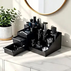 Premium 3-Layer Cologne Organizer for Men - Luxury Black Grooming Storage Box with Drawers, Waterproof Bathroom Case | Perfect Gift for Him