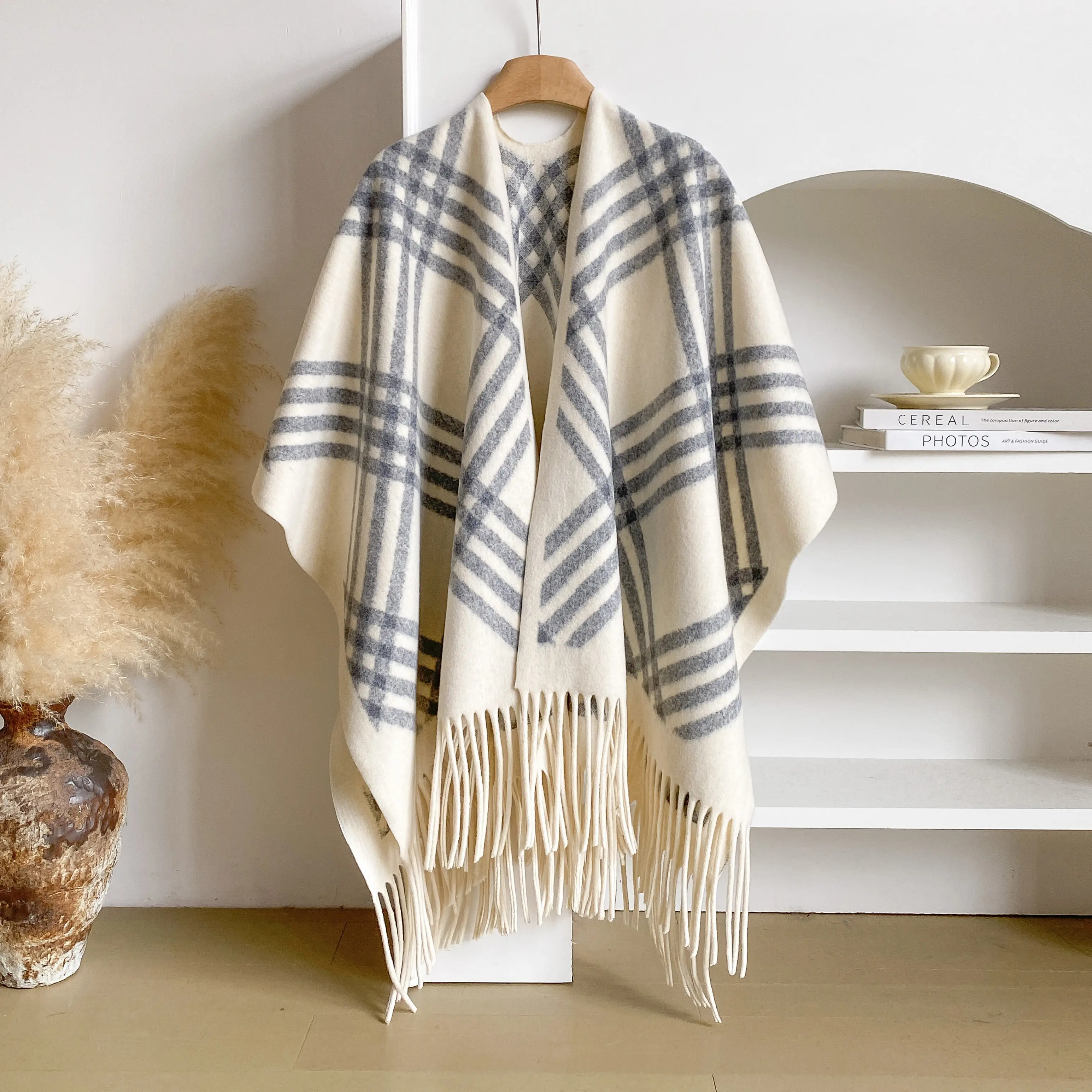 Women Plaid Check Reversible Poncho Shawl Open Front Tassel Fringe Cape Soft Warm Layering Wrap For Dresses Abayas
