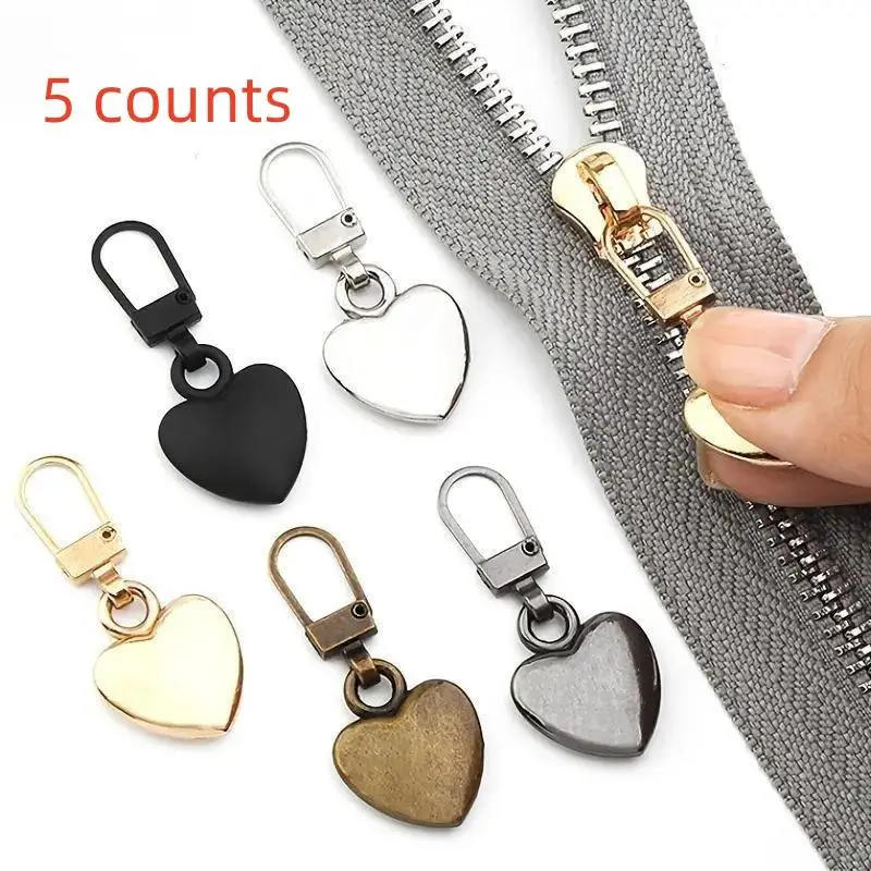 Heart Shaped Zipper Pull Replacement, 5 Counts Detachable Metal Zipper Pull Kit, Accessory for Coats Backpacks Jackets Pants Jeans Suitcase Purses Han