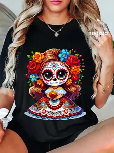 100% Cotton Cute Catrina Doll with Flowers Sugar Skull Halloween Costume T-Shirt