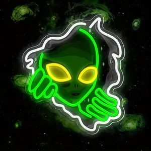 Alien Neon Sign Light, Adjustable Brightness Green Alien LED Neon for Wall Decoration, Gaming Room, Home Bar, Party, Bedroom, Man Cave Dec, USB Powered Alien Glowing Sign for Kids, Teenagers Boys Room Decor