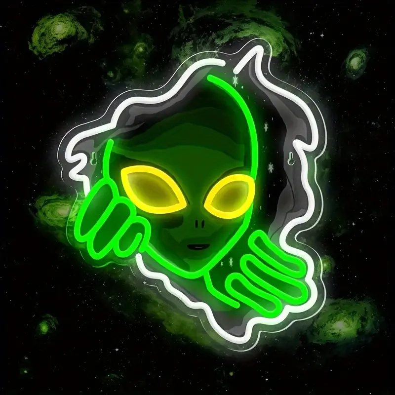 Alien Neon Sign Light, Adjustable Brightness Green Alien LED Neon for Wall Decoration, Gaming Room, Home Bar, Party, Bedroom, Man Cave Dec, USB Powered Alien Glowing Sign for Kids, Teenagers Boys Room Decor