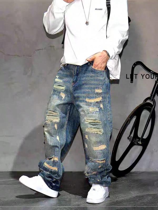 SRETOUU Men's Ripped Distressed Straight Fit Jeans Trousers Loose Fit Comfortable Streetwear Plain Solid Color Denim Pants Asia Size