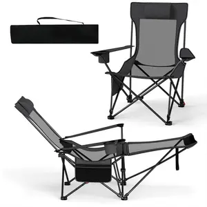 Reclining Folding Camping Chair with Removable Footrest, 330LBS Capacity Adjustable Backrest Mesh Chair with Cup Holder Storage Pocket & Carry Bag for Outdoor Camping Beach