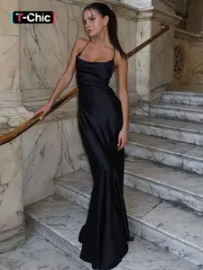 Women's Solid Backless Spaghetti Strap Cami Dress, Bodycon Smooth Dress, Elegant Lace Up Back Evening Party Gown Formal Wear, Ladies Clothes for All Seasons