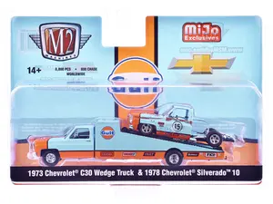 1973 Chevrolet C30 Wedge Truck Light Blue and Orange and 1978 Chevrolet Silverado 10 Bedless Truck #15 Light Blue and Orange (Rusted) "Gulf Oil"