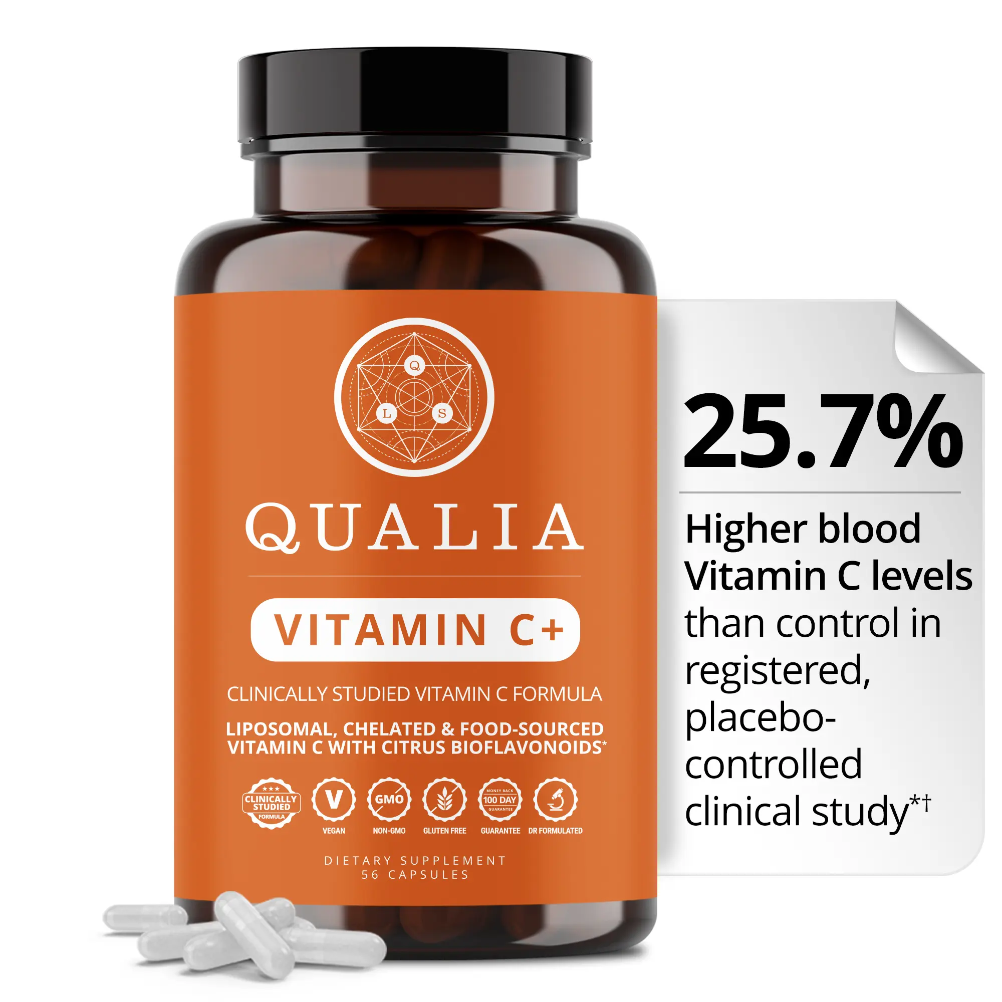 Qualia Vitamin C+ | 28-Day Supply | Clinically Studied, Doctor Formulated | 7 High-Absorption forms Including Liposomal PureWay-C, Chelated & Food-Sourced with Citrus Bioflavonoids, Zinc, & Rose Hips | 500 mg