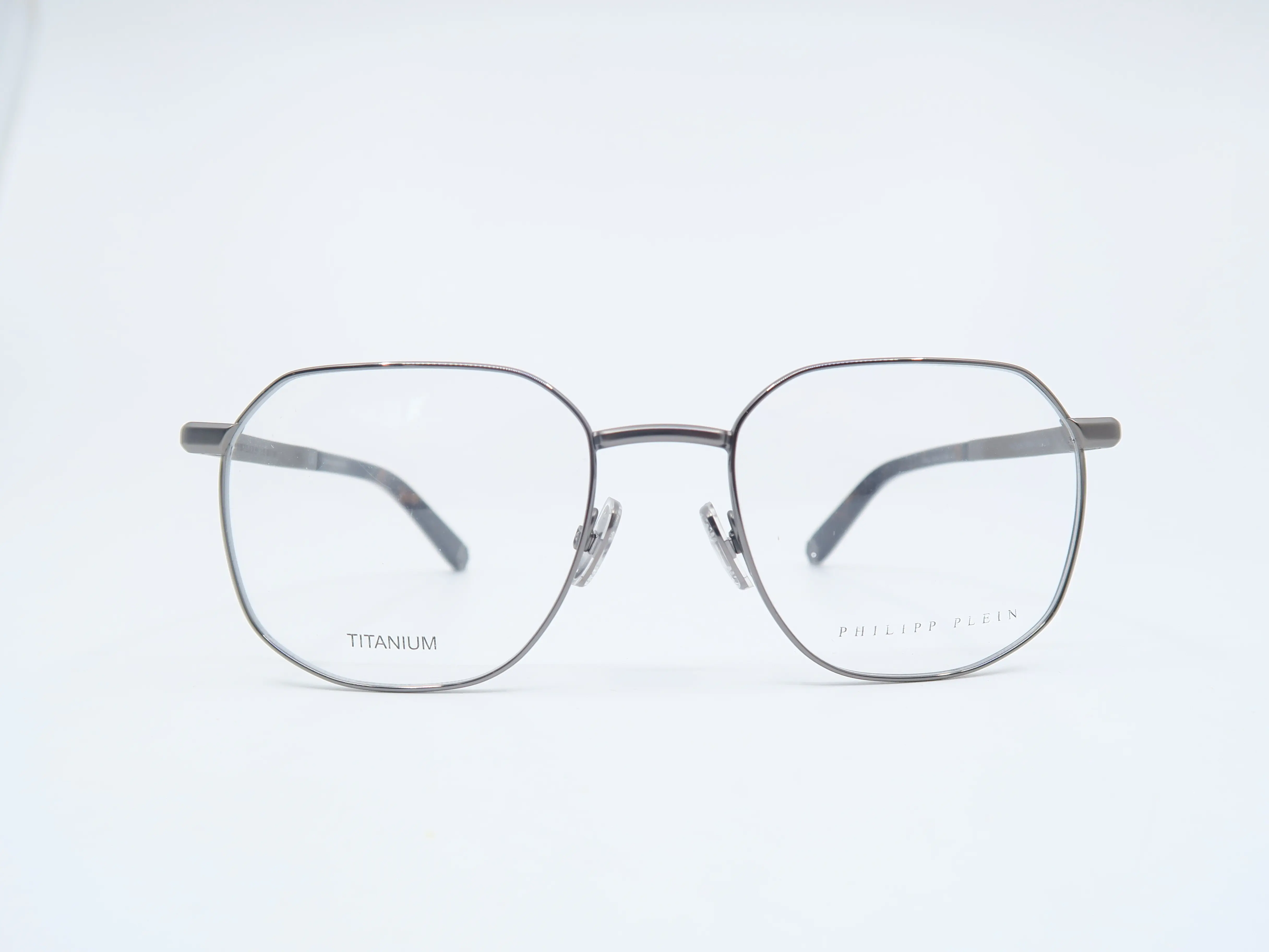 Philipp Plein TITAN VISION VPP020 Col.O584 Full Rim Hexagonal Titanium Eyeglasses Frames, with Microfiber Cloth, Black Gloss Tips, Engraved on Both Temples