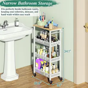 Utility Slim Storage Cart, 4-Tier Narrow Bathroom Organizers and Storage Cart, Narrow Metal Kitchen Laundry Room Organization Shelf with Wood Top, Slim Rolling Carts with Wheels for Small Space