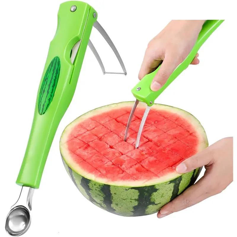 Premium 3-in-1 Watermelon Cutter Tool - Foldable Stainless Steel Knife, Melon Baller Scoop, Fork - 9"l x 1.3"w x 0.87"h Kitchen Utensils for Family Gatherings, Fruit Salad & Wedges Prep