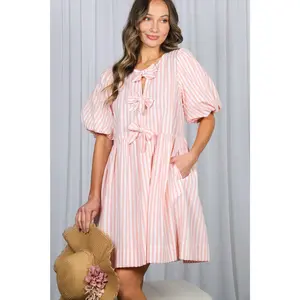 Bow Tie Front Striped Baby Doll Mini Dress
