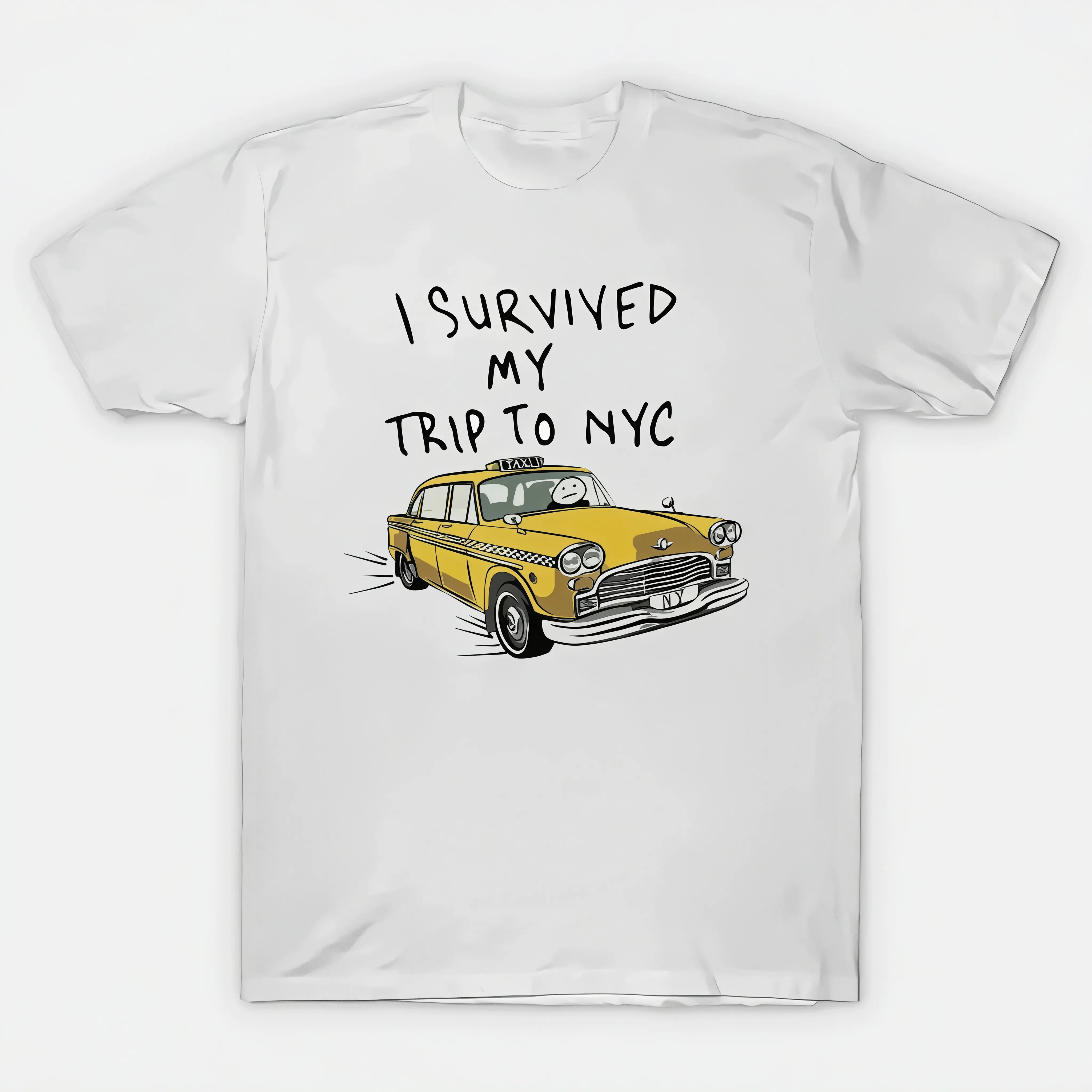 Graphic T-Shirt with 'I Survived My Trip To NYC' Slogan, Unisex Casual Streetwear Top in Breathable Cotton Blend for Summer, S