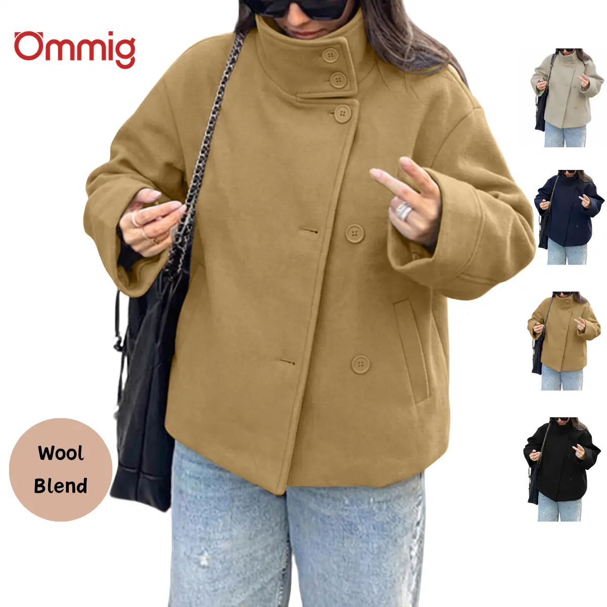 Ommig 2026 Autumn & Winter Collection Women Crop Pea Coat Wool Blend Winter Loose Casual Short Jacket Outwear