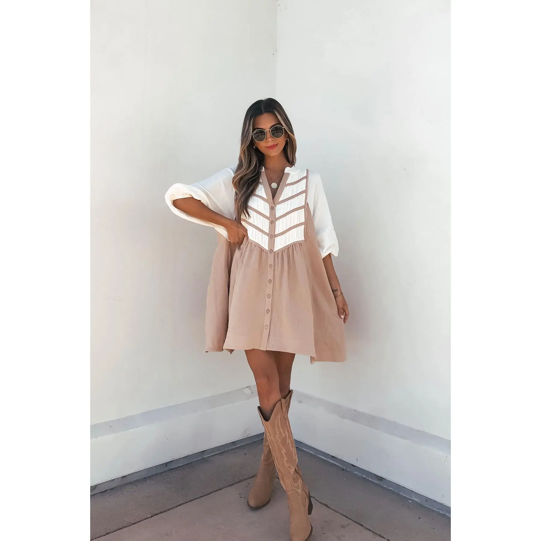 Cream Color Block Tunic Dress