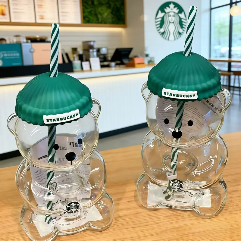 Starbucks Bear Glass Cup with Lid & Straw 20oz Style Heat