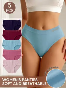 5-piece set of mid-rise seamless women's briefs - casual and comfortable, lettered waistband, seamless, skin-friendly, thin, and casual