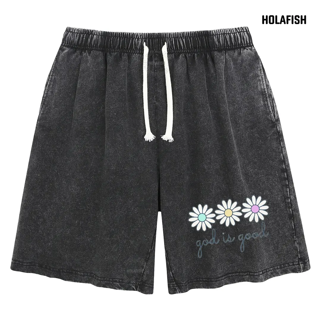 Holafish Mens Retro Acid Wash Above-Knee Shorts - Soft Polyester-Cotton Fabric, Unisex Casual Relaxed Fit, Elastic Drawstring, Floral Print, Vintage Streetwear for Halloween Knitting Vibe