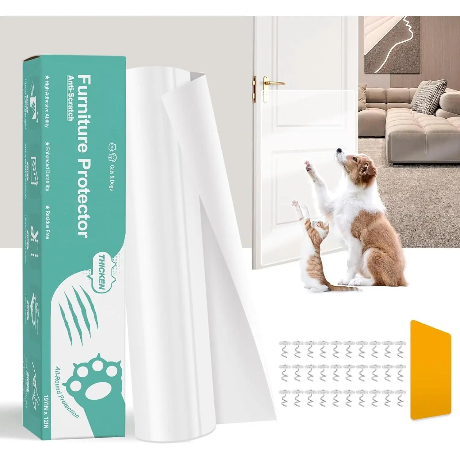 Door Protector from  , Thicken Single Side Adhesive Couch  Scratch Protector, Clear Heavy Duty Flexible Door Claw Shield, Anti Scratch Furniture Protector - (197" x 12")