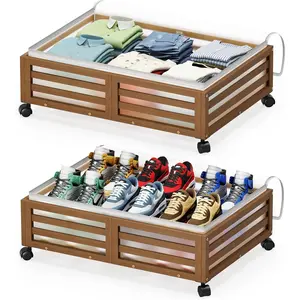 Bed with Wheels-Large Bamboo Underbed Containers with Large Dust Bag Stackable the Bed Shoe Bins for Clothes Books Bedding (2 Packs walnut, 23.62"L*16.54"W* 6.51"H)