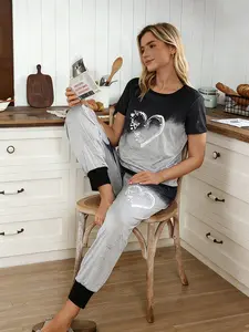 Women's Sleepwear Set, Cute Heart Print Short Sleeve Top & Long Pants, Comfortable Casual Home Wear, 2 Piece Loungewear Kit, Pajamas Lounge Set