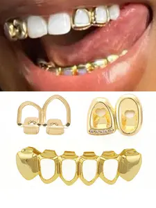 CRUSH CR Hollow Hip Hop Teeth Set for Woman Female Man, Copper Plated Rap Teeth, Unisex Street Style, Hip Hop Rapper Circle, 3 Piece Set, Tooth Gem