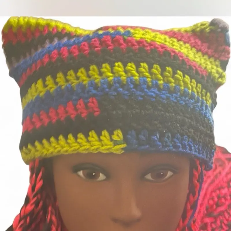 Multi-Color Cat Ear Beanie - Bright Bold Handmade Crochet Hat with Fun Colors & Playful Cat Ears for Cozy Comfort