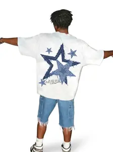 Men's Summer Street Style Denim Short Sleeve T-Shirt, Casual Fitted Design with Star Patchwork Print, Aesthetic Fall & Winter Fashion Streetwear boys merch graphic tee deo