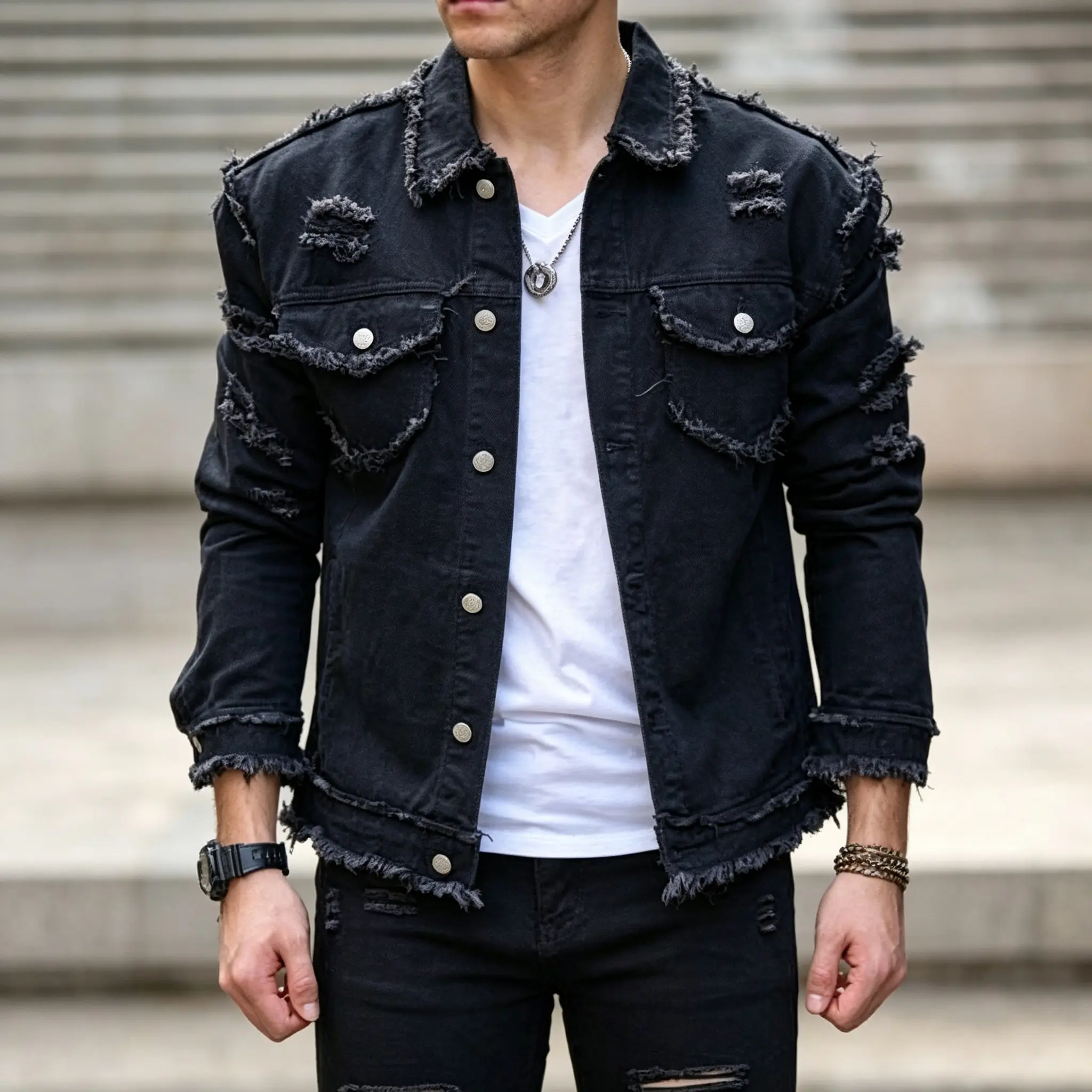 Retro men's denim jacket, men's jacket, outdoor casual fashion denim top Retro men's denim jacket, heavy retro washed worn-out streetwear, men's jacket, outdoor casual fashion denim top Black denim jacket Distressed