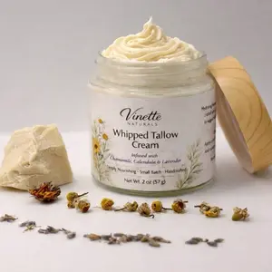 Vinette Naturals Organic Whipped Tallow Cream | Chamomile Calendula Lavender Infused | Face & Body Moisturizer | No Essential Oils | 2 oz