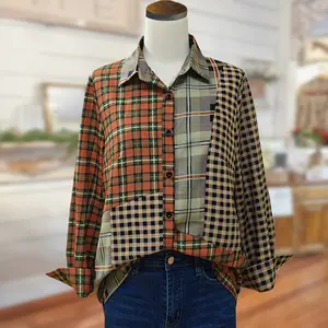 SageVell Color Block Plaid Button-Up Shirt Trendy Checkered Blouse with Mixed Patterns Cozy Everyday Loose Fit Top Casual Womenswear Long Sleeve Collared Multicolor Patchwork Vibe