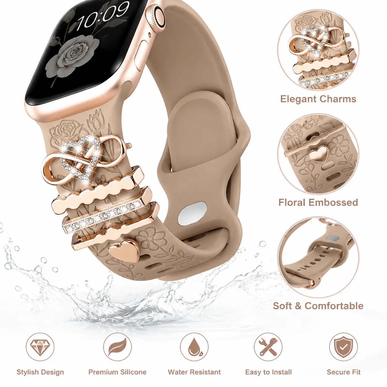 Luxury Floral Silicone Watch Band with Rhinestone Charms, Elegant Jewelry Style Replacement Strap Compatible with Smart Watch Series 11/10/9/8/7/6/SE/Ultra, Women