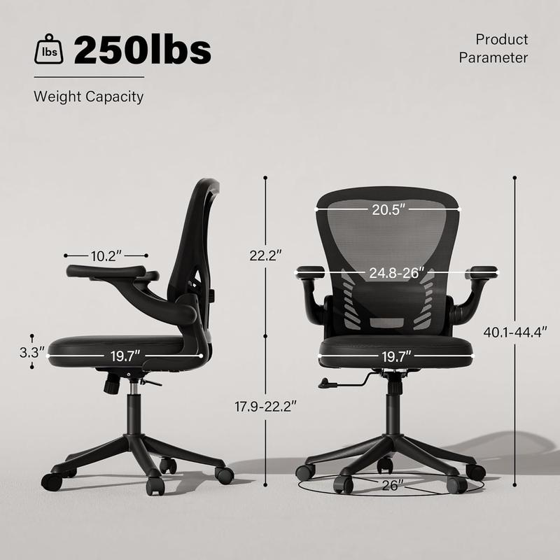 Ergonomic Office Chair, Mesh Desk Chair with AdjustableLumbar Support and 3D Flip-up Arms, Computer Chairwith Wheels, Black, Computer Desk Chair, ErgonomicOffice Desk Chairs with Mesh Back, Adjustable LumbarSupport, Rocking Function