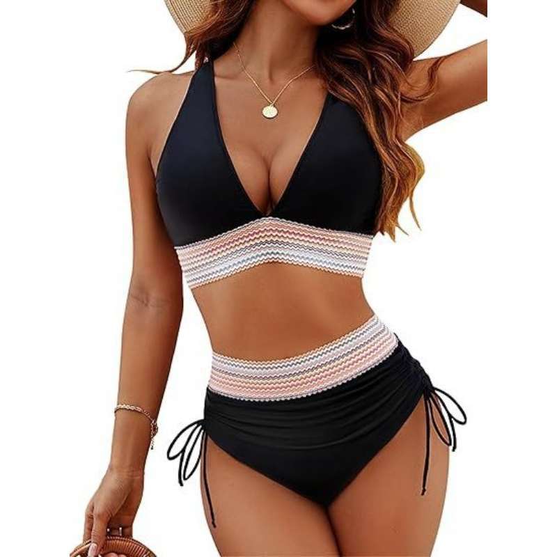 Boho Lace Trim Halter Bikini, High Waisted Bathing Suit in 8+ Colors, Summer Swimwear for All Occasions