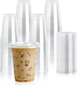 100 Sets 12 oz Clear Plastic Cups with Flat Lids, 12 oz Disposable Drinking Cups With Lids for Ice Coffee, Smoothie, Slurpee, or Any Cold Drinks