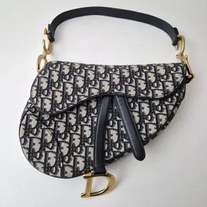 Pre-owned Dior Canvas Shoulder Bags Christian Oblique Medium Saddle Bag Blue