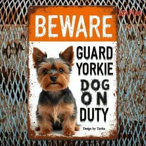 [2D Flat] 1pc Yorkshire Terrier Warning Metal Sign, 8x12 Inch - Rustic "Beware of Guard Yorkie on Duty" Wall Art, Durable Iron, High-Quality Print for Home Bar, Cafe Decor - Classic Western Style, Ideal Holiday Gift, Dog Decor, Perfect for Room Decor