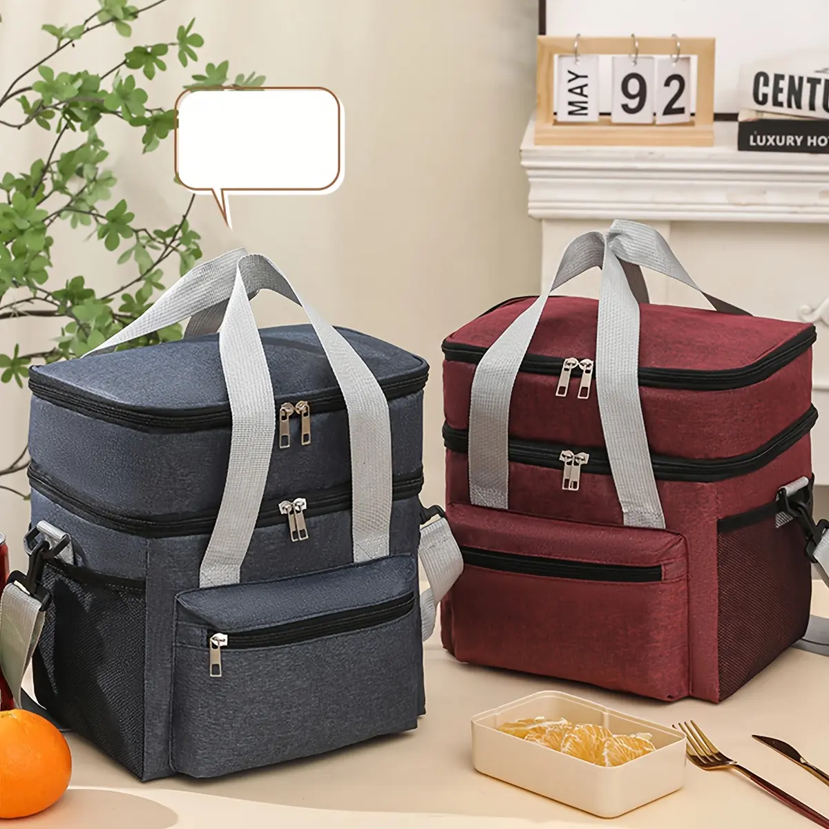 Insulated Large Lunch Bag Cooler - Double-Layer Leakproof Reusable Tote with Crossbody Strap for Picnics, Travel, Office, School - Versatile Handheld or Shoulder Bag Design with Thermal Insulation and Sturdy Construction