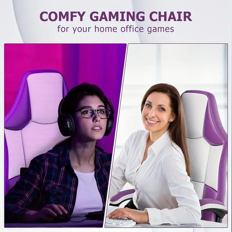Ergonomic Computer Gaming Chair, Home Office Desk with PU Leather Lumbar Support, Height Adjustable Big and Tall Video Game, Swivel Wheels for Adults, White and Purple