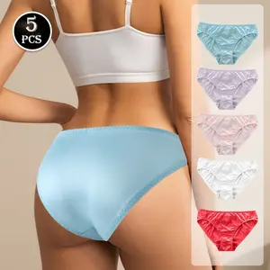 Women's 5 Pcs Solid Color Trim Crystal Letter Briefs, Soft Comfy Breathable Seamless Satin Knicker Daily Wear Underwear for All Seasons Panties Womenswear
