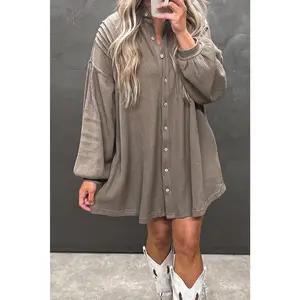 Simply Taupe Waffle Knit Shirt Tunic Mini Dress