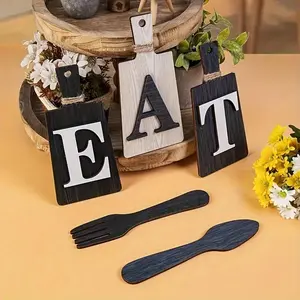 Wooden Eat Letter Sign with Fork & Spoon, 5 Counts/set Creative Restaurant Desktop Wooden Decorative Sign, Home Decor for Dining Room