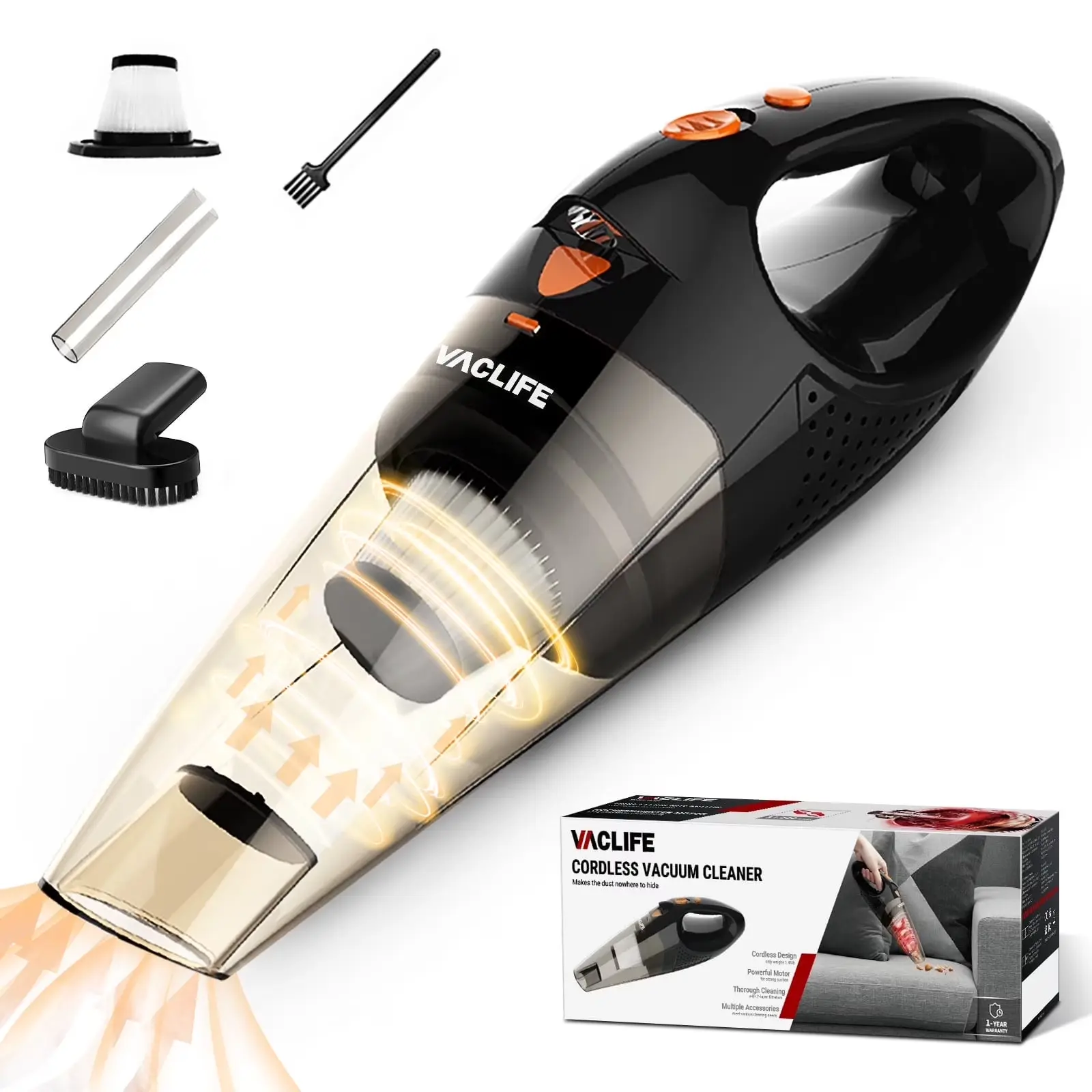 Vaclife Handheld Vacuum, Car Vacuum Cleaner Cordless, Mini Portable Rechargeable Vacuum Cleaner with 2 Filters, Orange (VL189) VacLife